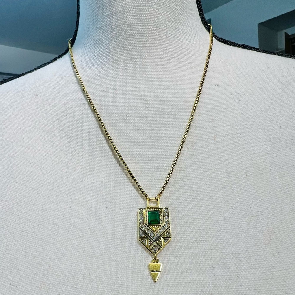 Art Deco Gold Tone Diamond & Emerald Simulant Necklace